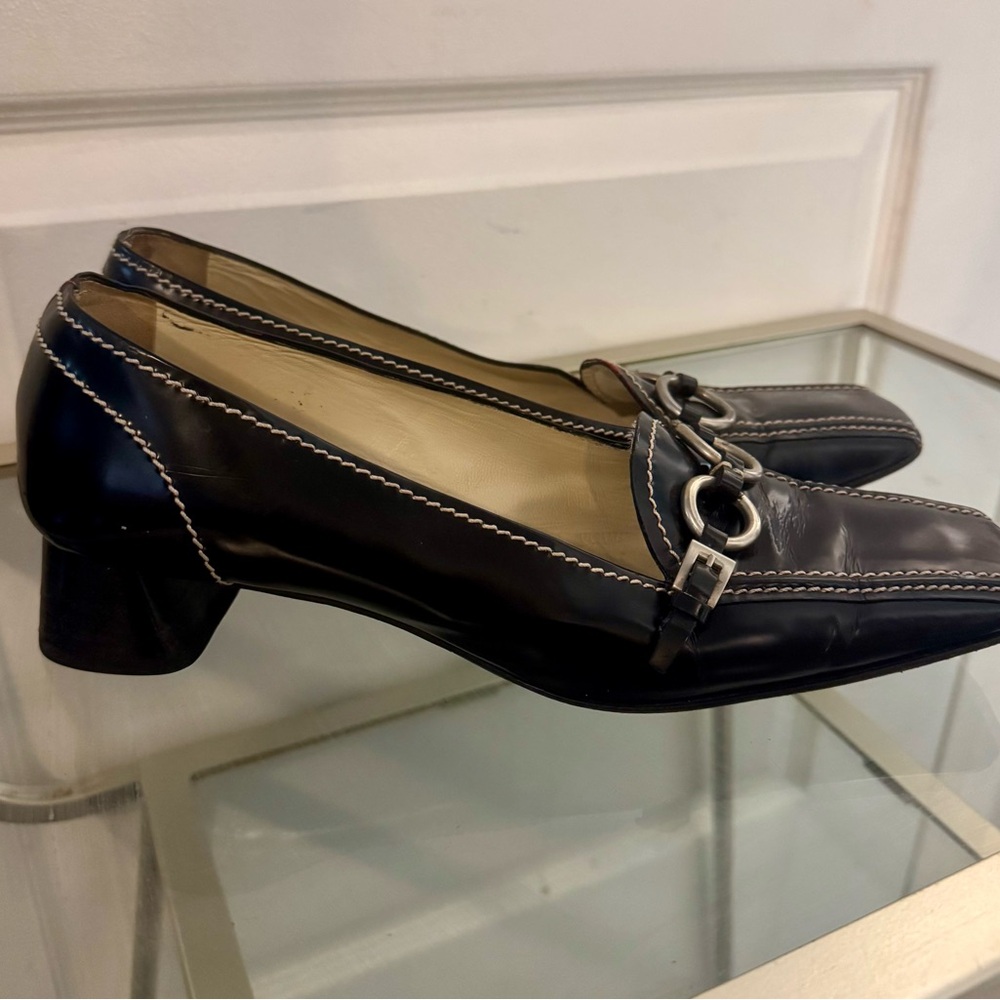 Prada Black Heels with Silver Buckle